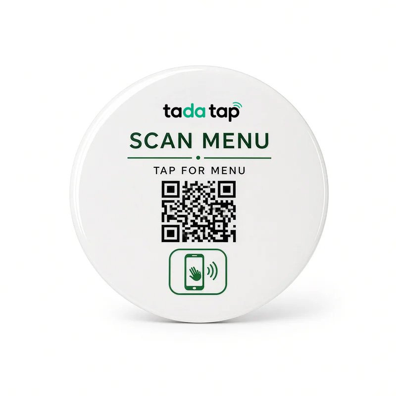 Tada Tap QR Code Table Sticker – glossy epoxy-coated scan-to-order sticker for restaurant tables
